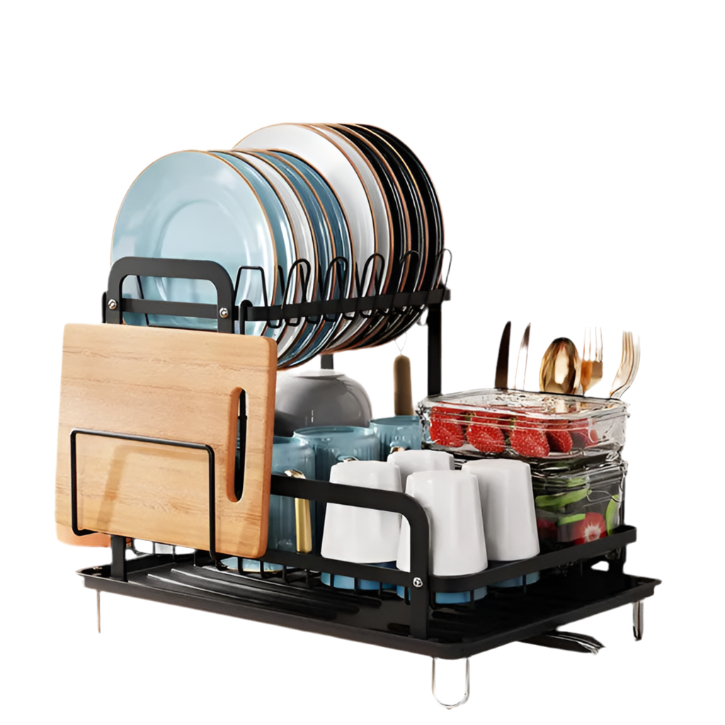 2-Tier Dish Drying Rack - Kitchen Counter Space Saving with Drainboard