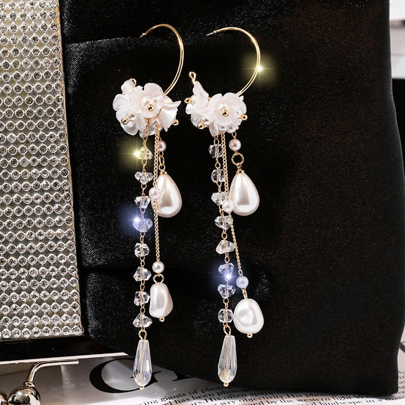 Flower Rhinestone Tassel Earrings - Multiple Colors Available