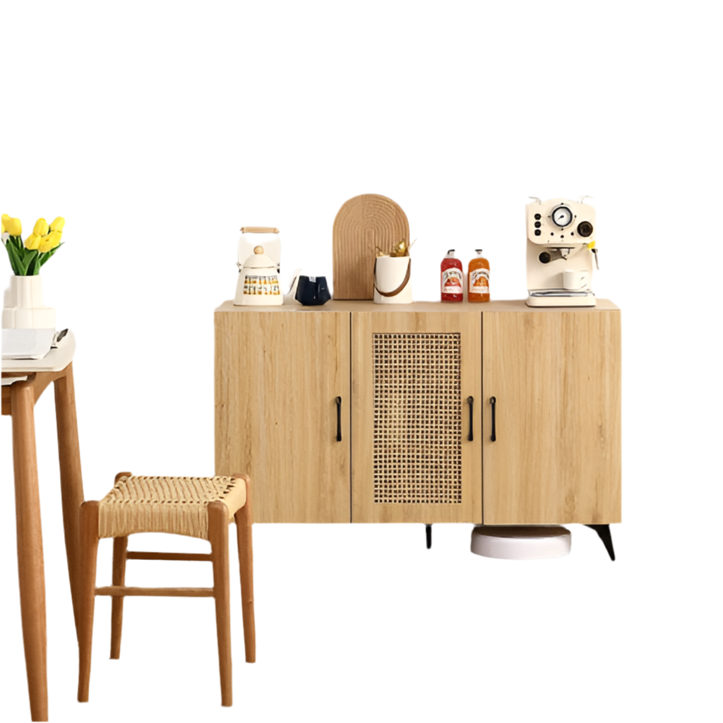 Natural Rattan 3-Door Storage Cabinet - Kitchen Organizer