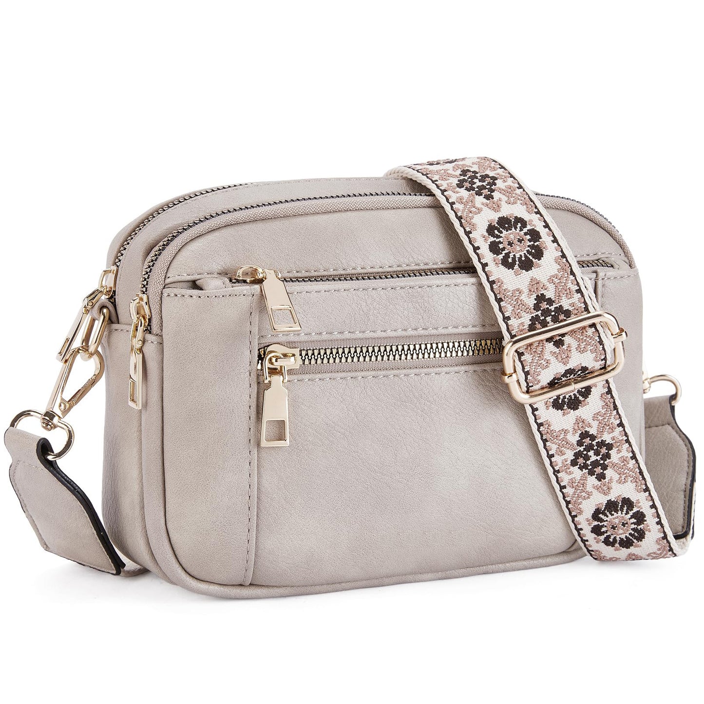 Triple-Zipper Crossbody Bag - Floral Embroidered Multi-Functional