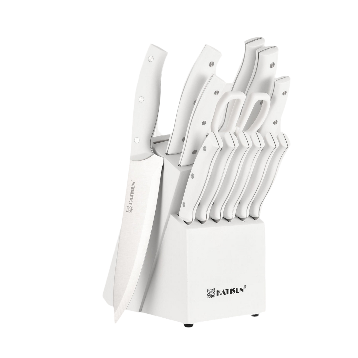 15-Piece White Carbon Steel Kitchen Knife Set with Wooden Block & Sharpener