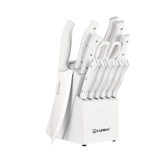 15-Piece White Carbon Steel Kitchen Knife Set with Wooden Block & Sharpener