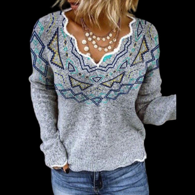 Women's V-Neck Long Sleeve T-Shirt - Casual Printed Top