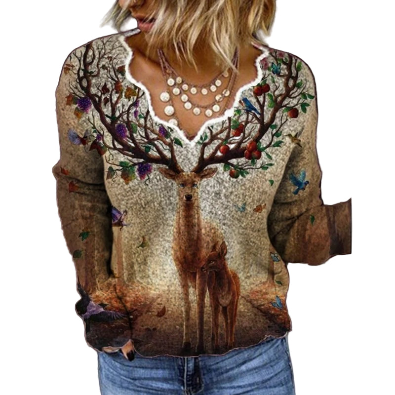 Women's V-Neck Long Sleeve T-Shirt - Casual Printed Top