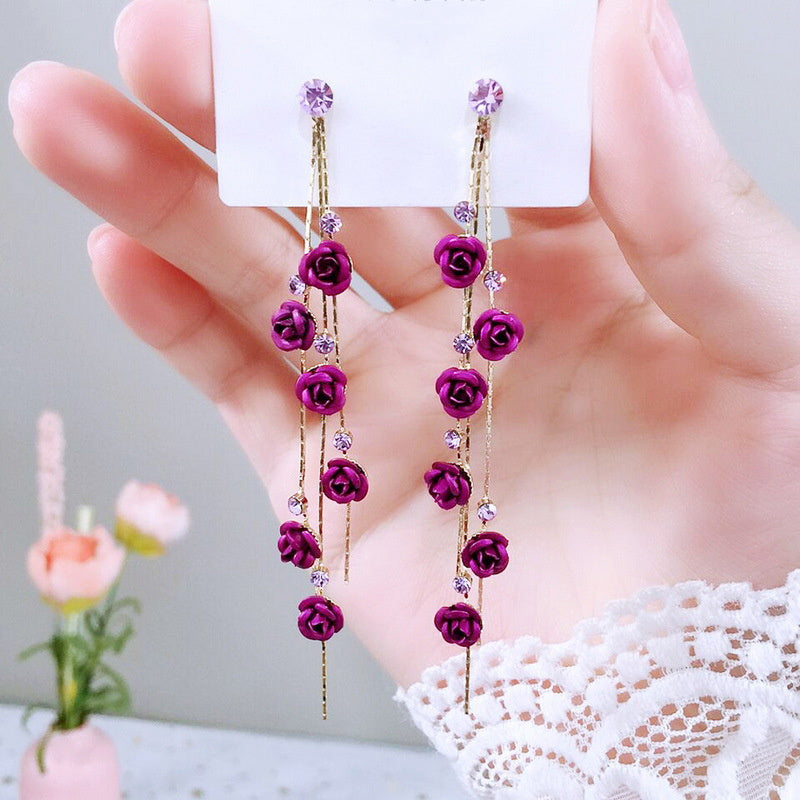 Flower Rhinestone Tassel Earrings - Multiple Colors Available