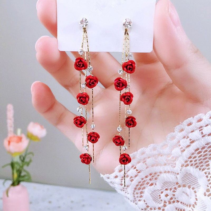Flower Rhinestone Tassel Earrings - Multiple Colors Available