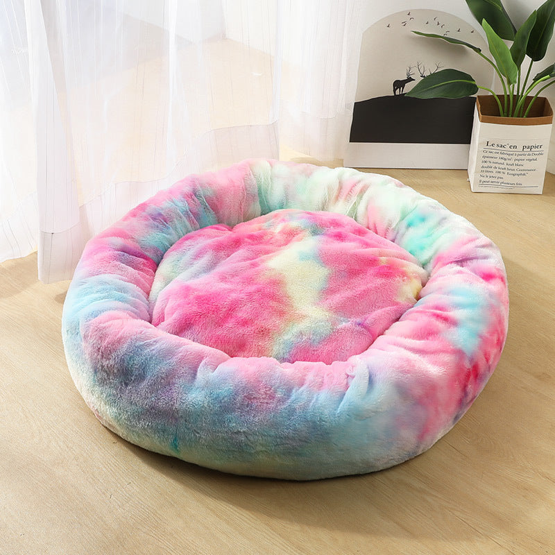Round Plush Dog Bed - Calming Pet Nest for Small Dogs & Cats