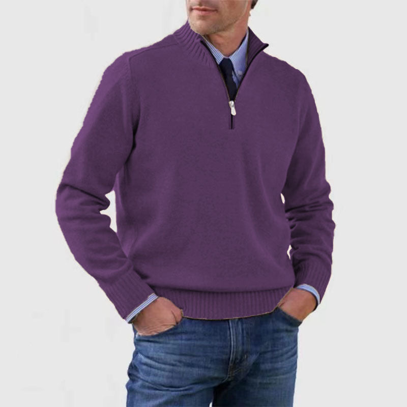 Men's Stand Collar Zipper Sweater  Long Sleeve Knitted