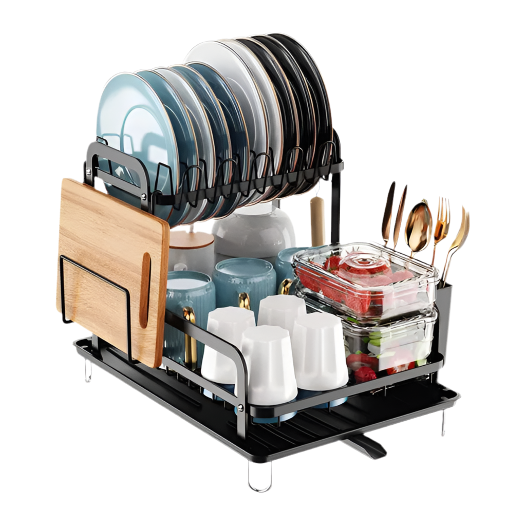 2-Tier Dish Drying Rack - Kitchen Counter Space Saving with Drainboard