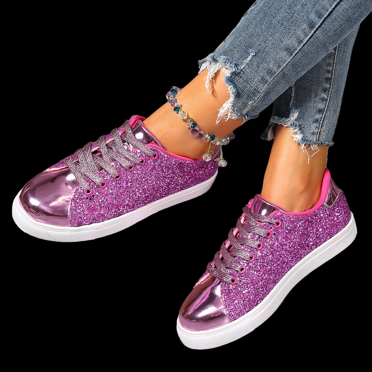 Plus Size Sequined Front Lace-up Board Shoes