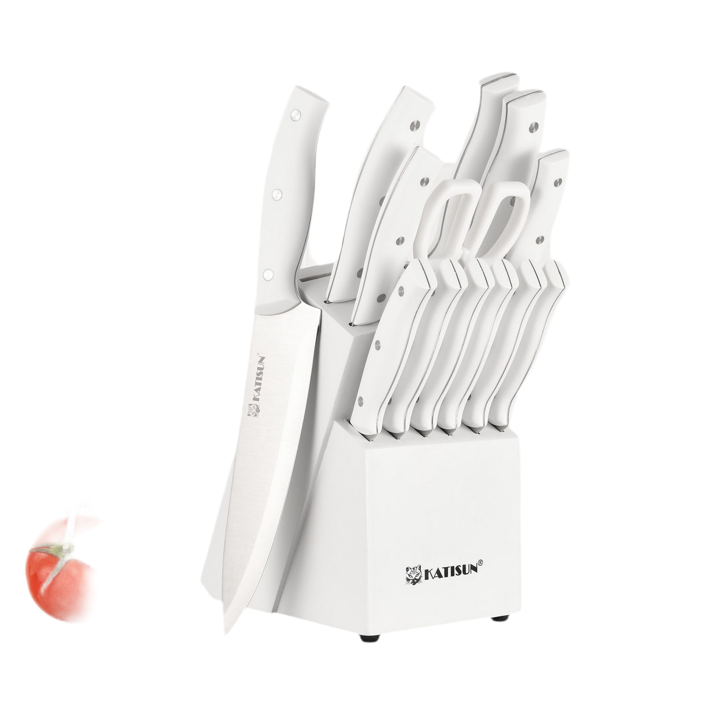 15-Piece White Carbon Steel Kitchen Knife Set with Wooden Block & Sharpener