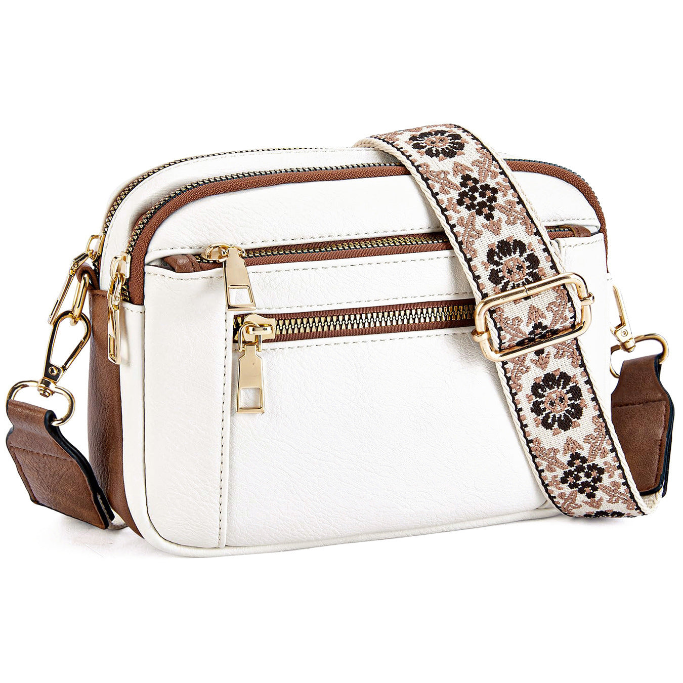 Triple-Zipper Crossbody Bag - Floral Embroidered Multi-Functional