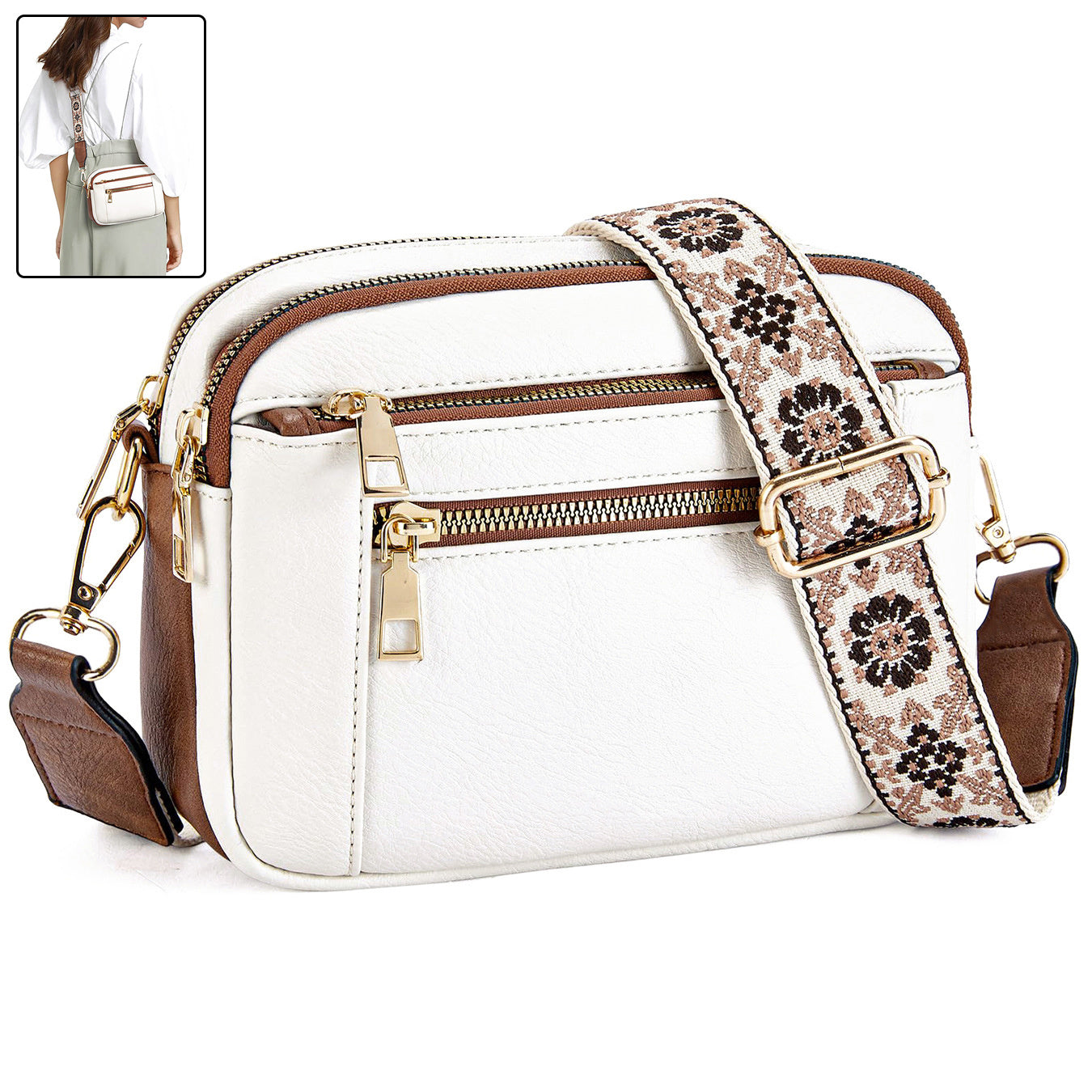 Triple-Zipper Crossbody Bag - Floral Embroidered Multi-Functional