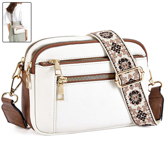 Triple-Zipper Crossbody Bag - Floral Embroidered Multi-Functional