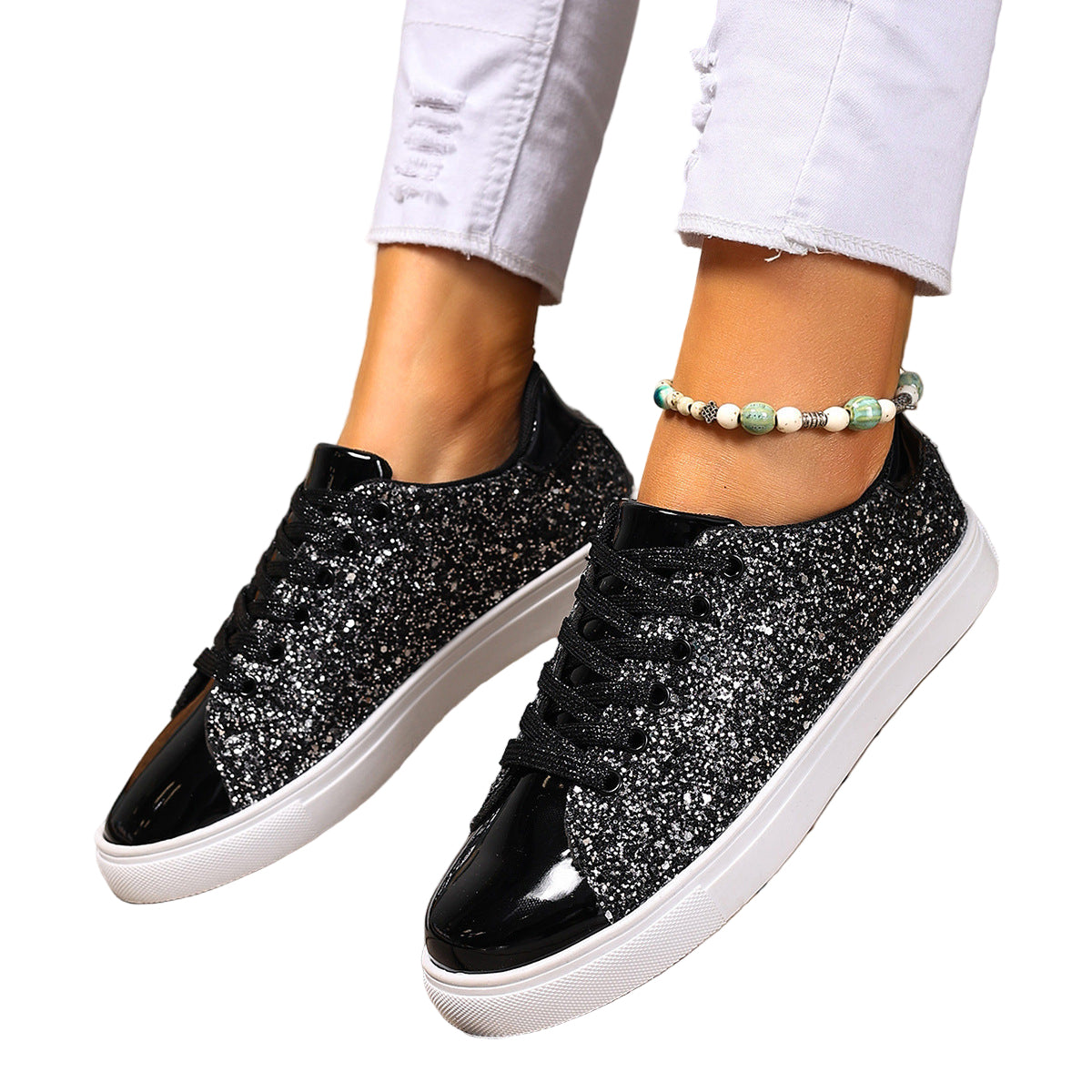 Plus Size Sequined Front Lace-up Board Shoes