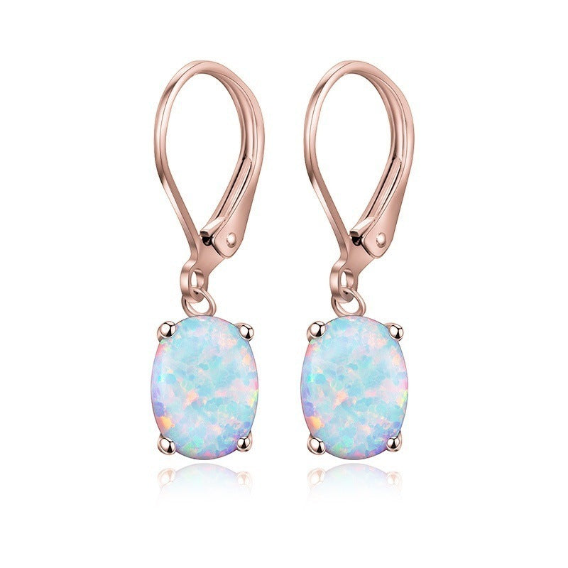 Elegant Oval Opal Drop Earrings - Four Claw Setting European Style