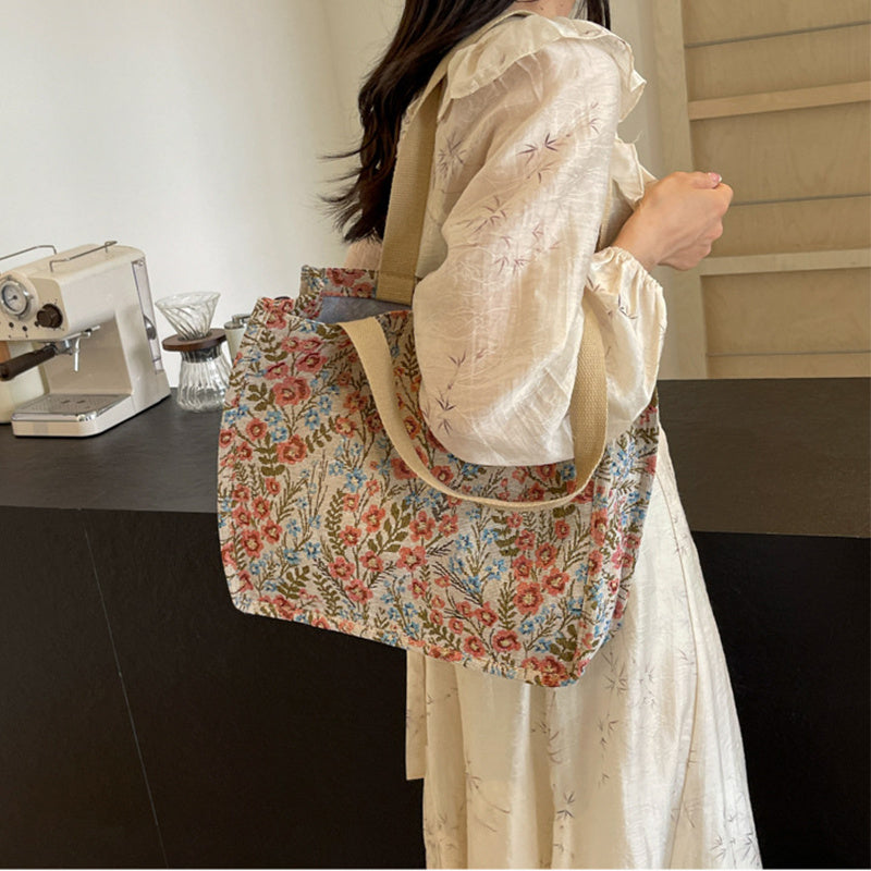 Floral Canvas Handbag - Large Capacity Shoulder Bag for Women