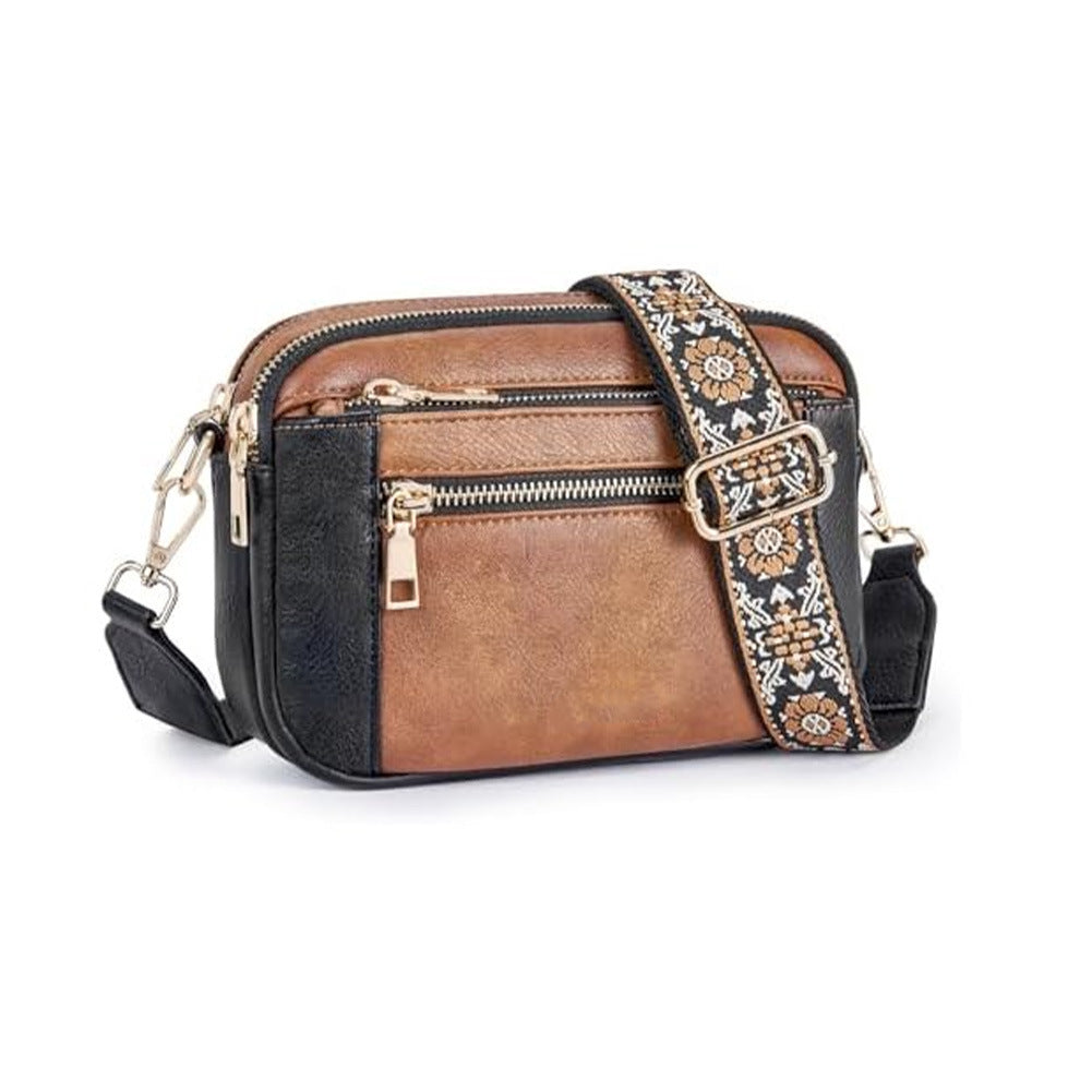 Triple-Zipper Crossbody Bag - Floral Embroidered Multi-Functional