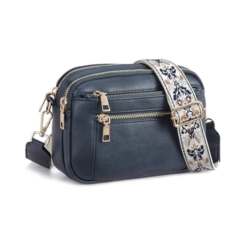 Triple-Zipper Crossbody Bag - Floral Embroidered Multi-Functional