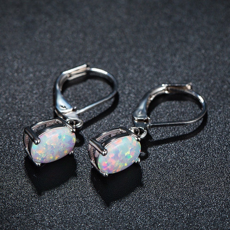 Elegant Oval Opal Drop Earrings - Four Claw Setting European Style