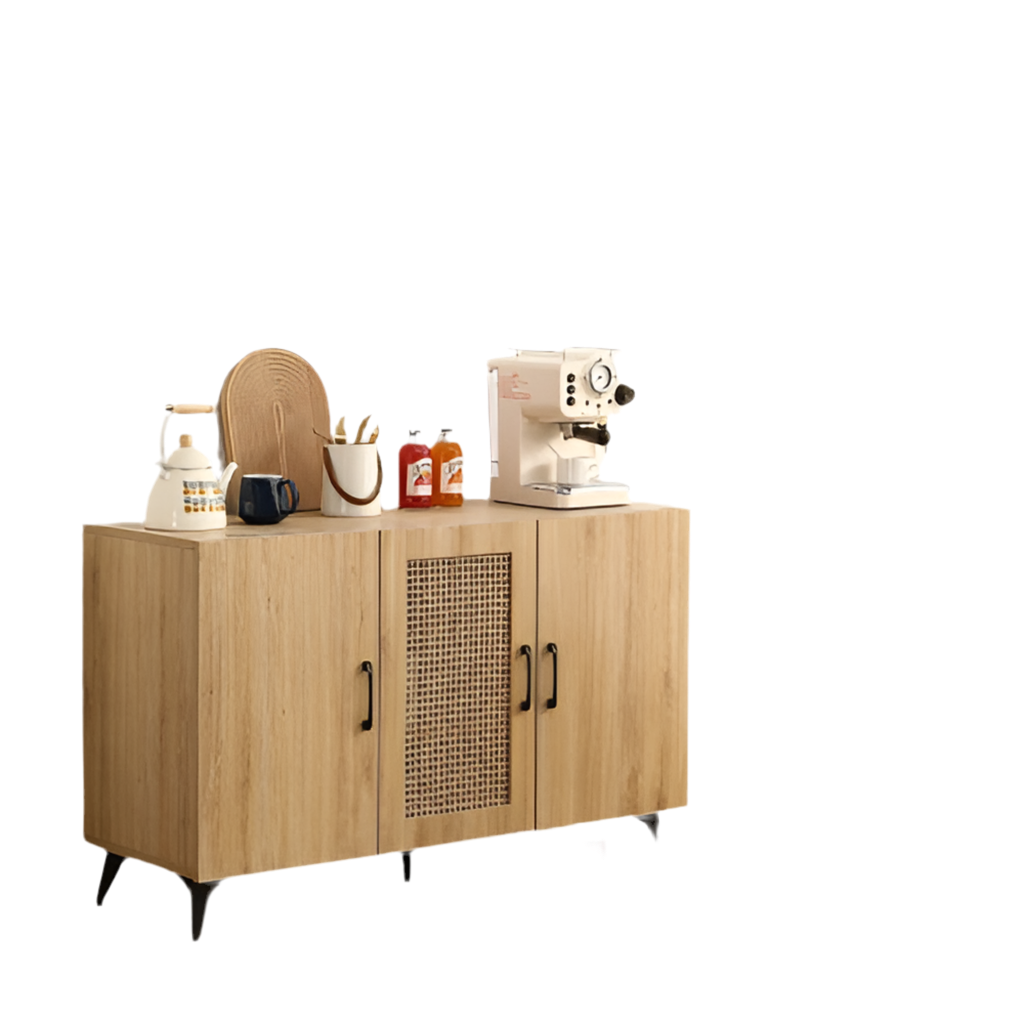 Natural Rattan 3-Door Storage Cabinet - Kitchen Organizer