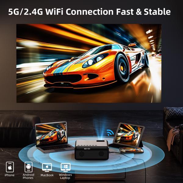 WiFi Bluetooth Projector - 5G Portable 4K Support, Native 1080P, 12000 Lumens LED