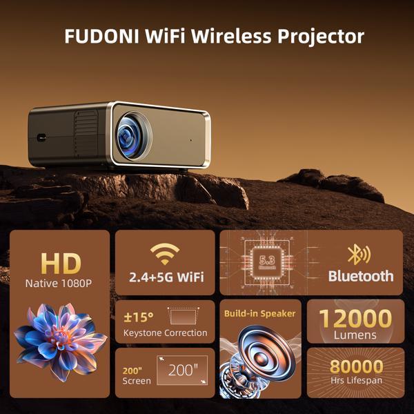 WiFi Bluetooth Projector - 5G Portable 4K Support, Native 1080P, 12000 Lumens LED