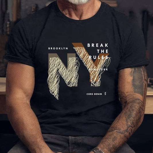 Men's New York Pattern T-Shirt - Casual Round Neck Short Sleeve