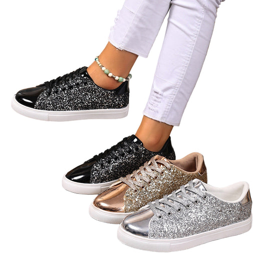 Plus Size Sequined Front Lace-up Board Shoes