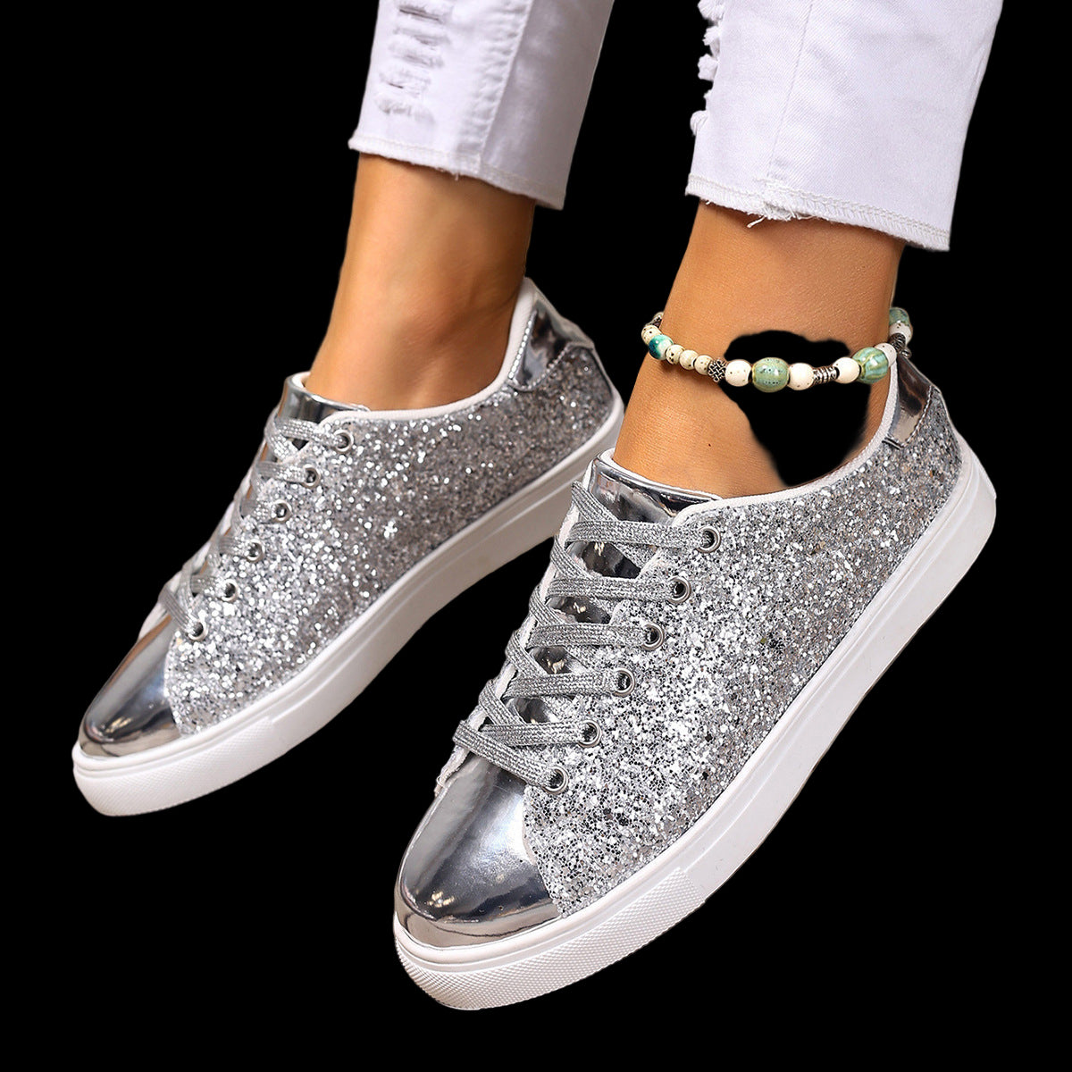 Plus Size Sequined Front Lace-up Board Shoes