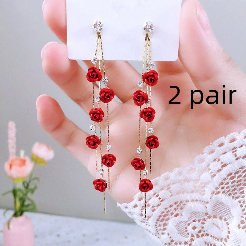 Flower Rhinestone Tassel Earrings - Multiple Colors Available