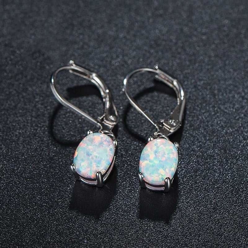 Elegant Oval Opal Drop Earrings - Four Claw Setting European Style