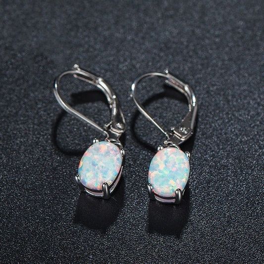 Elegant Oval Opal Drop Earrings - Four Claw Setting European Style