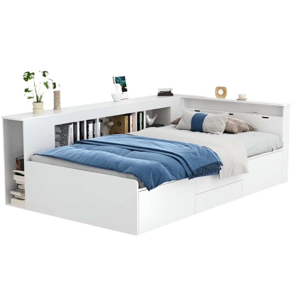 Single Children's Bed with Storage - 3ft Multifunctional Kids Bed Frame with Drawers and Bookcase