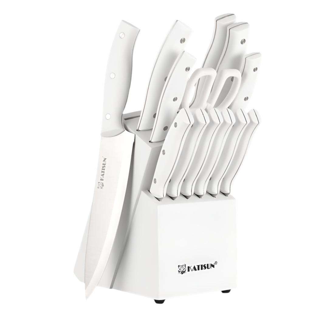 15-Piece White Carbon Steel Kitchen Knife Set with Wooden Block & Sharpener