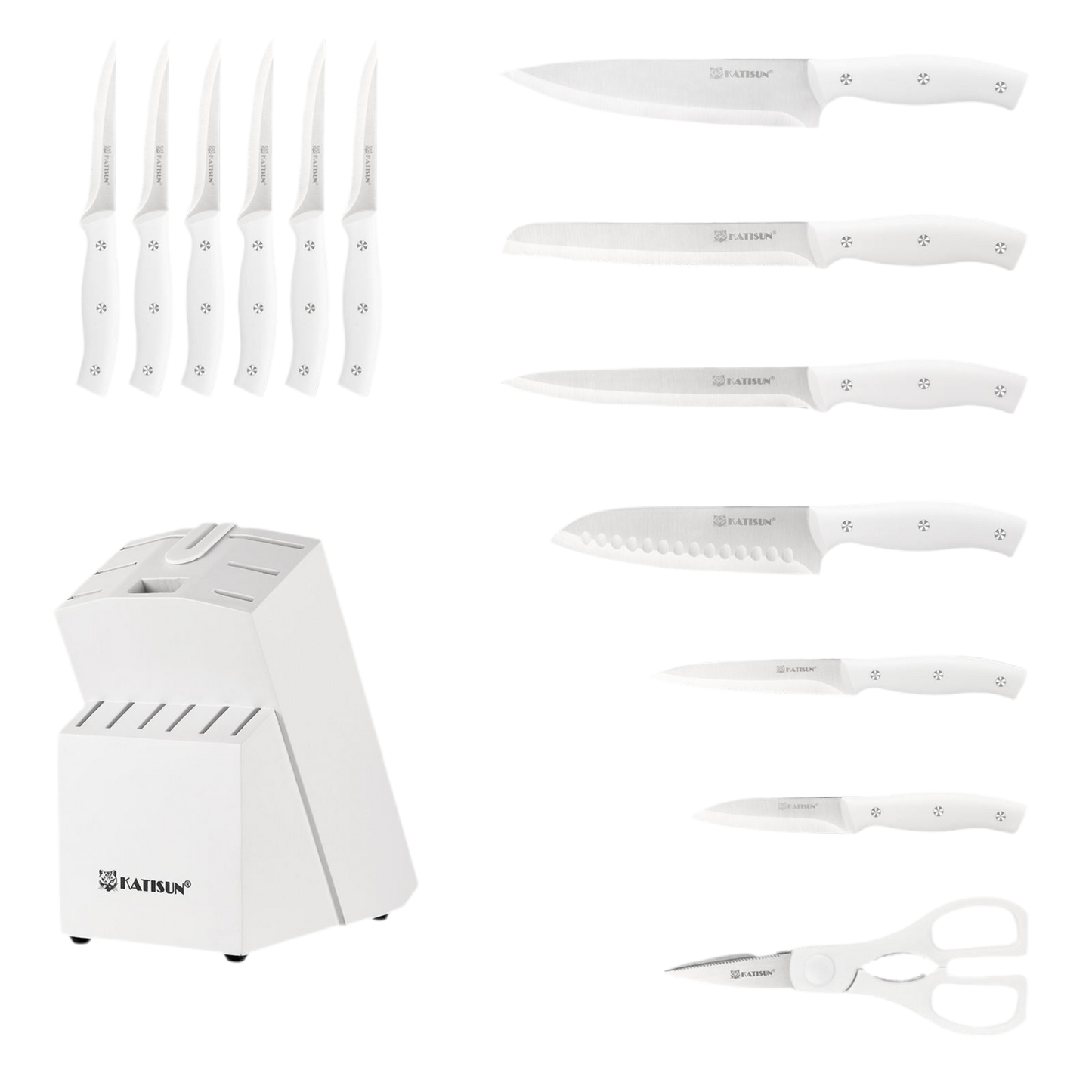 15-Piece White Carbon Steel Kitchen Knife Set with Wooden Block & Sharpener