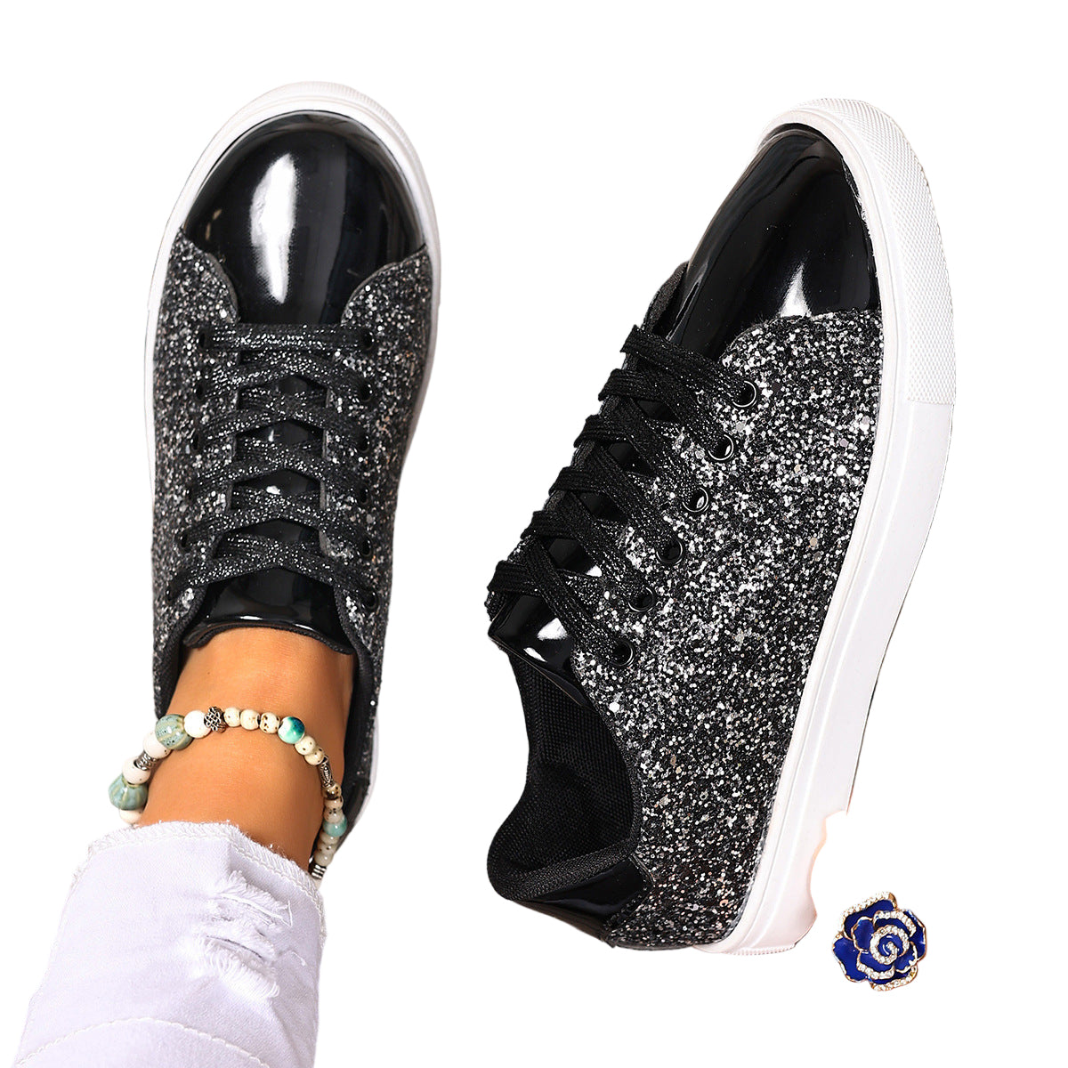 Plus Size Sequined Front Lace-up Board Shoes
