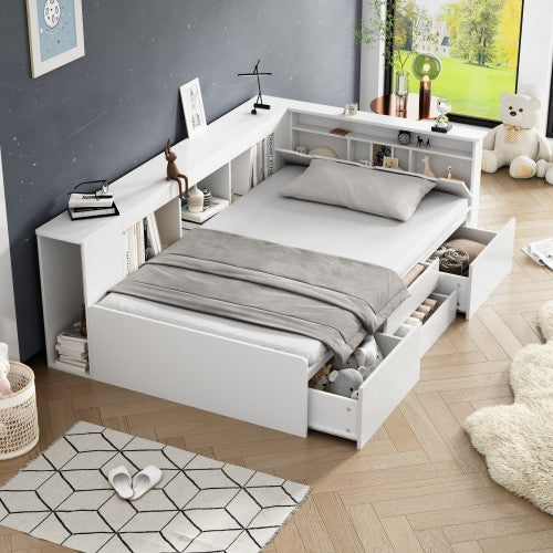 Single Children's Bed with Storage - 3ft Multifunctional Kids Bed Frame with Drawers and Bookcase