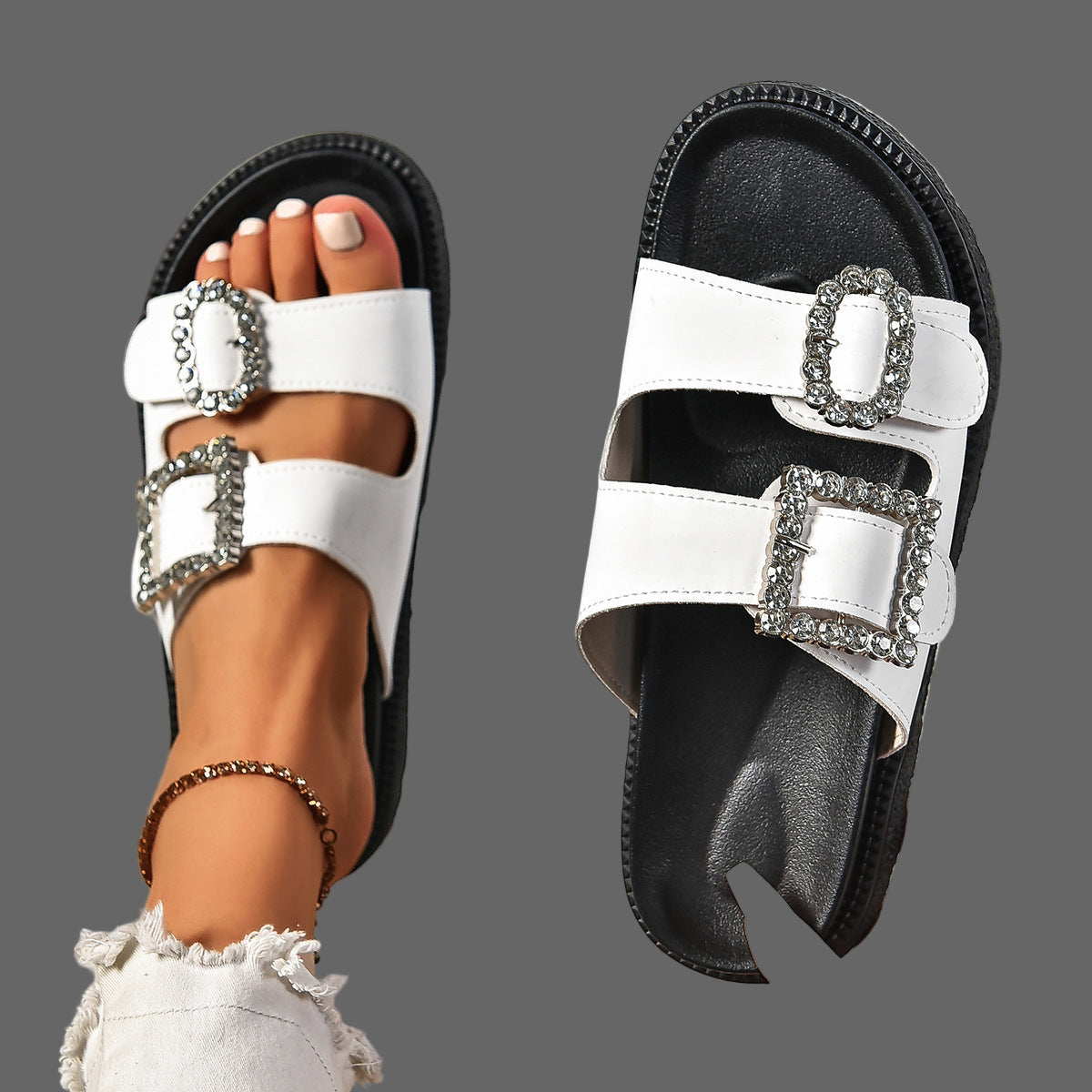 Fashion Rhinestone Belt Buckle Platform Sandals