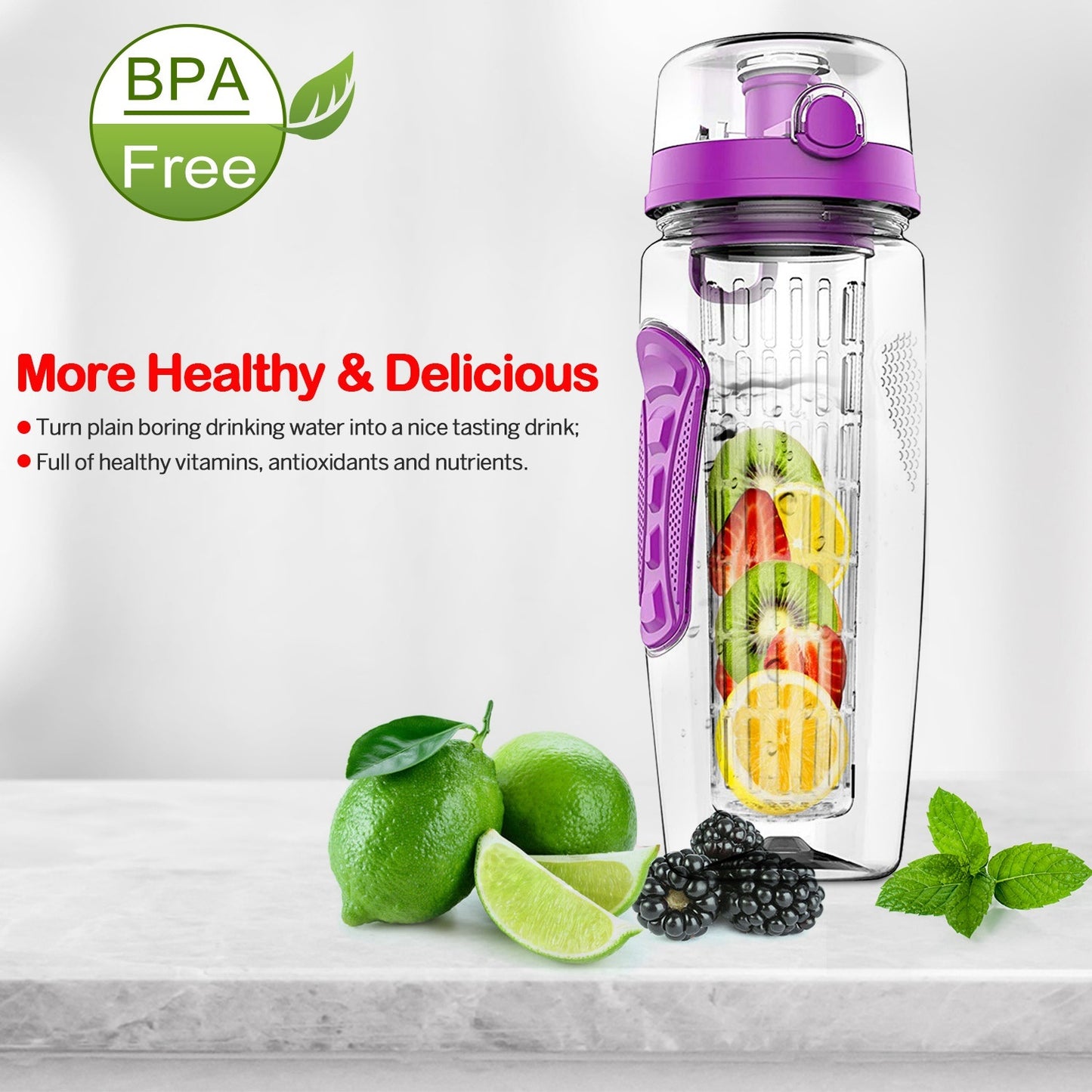 32oz Fruit Infuser Water Bottle - BPA Free Sports Bottle with Flip Top Lid