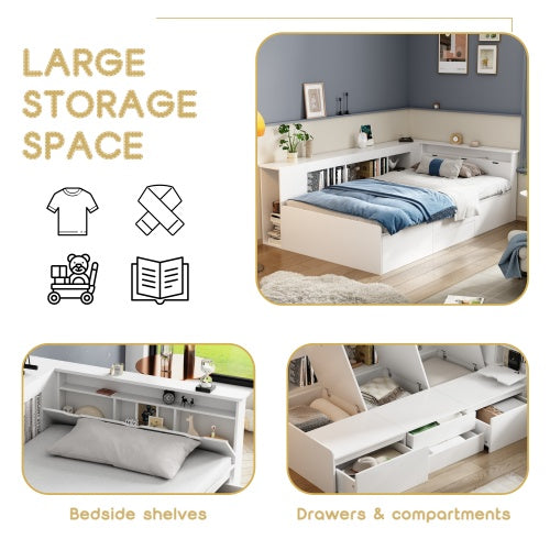 Single Children's Bed with Storage - 3ft Multifunctional Kids Bed Frame with Drawers and Bookcase