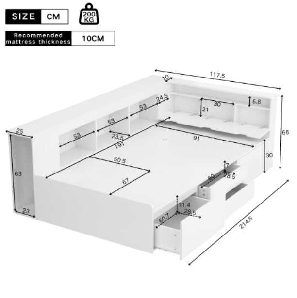 Single Children's Bed with Storage - 3ft Multifunctional Kids Bed Frame with Drawers and Bookcase