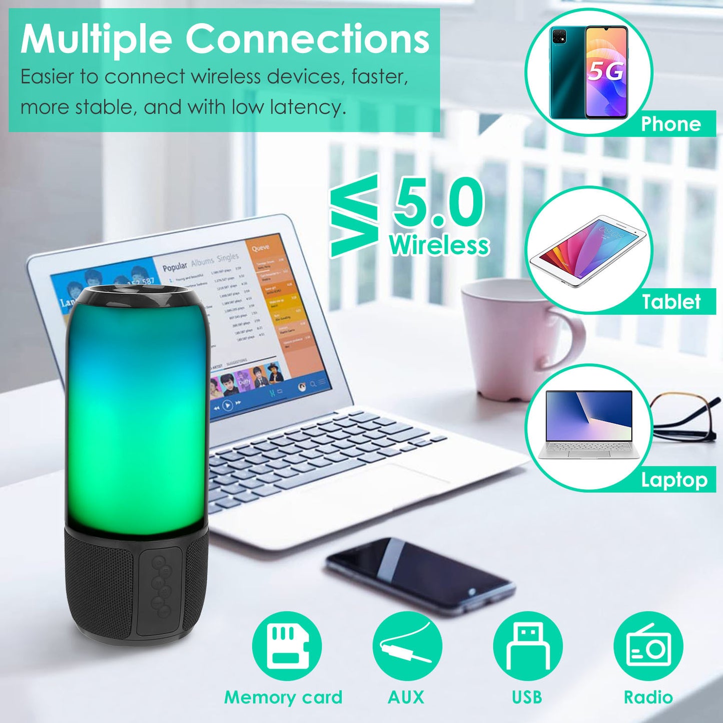 Wireless Portable Speaker with LED Color-Changing Lights - Bluetooth Stereo for Party & Travel