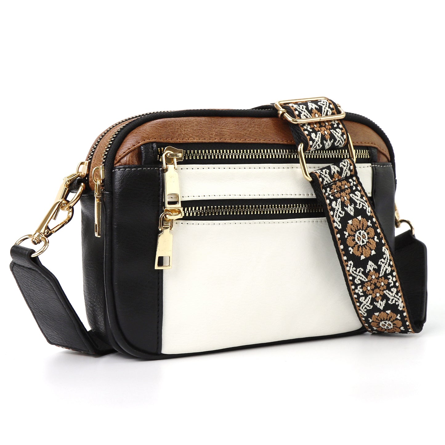 Triple-Zipper Crossbody Bag - Floral Embroidered Multi-Functional