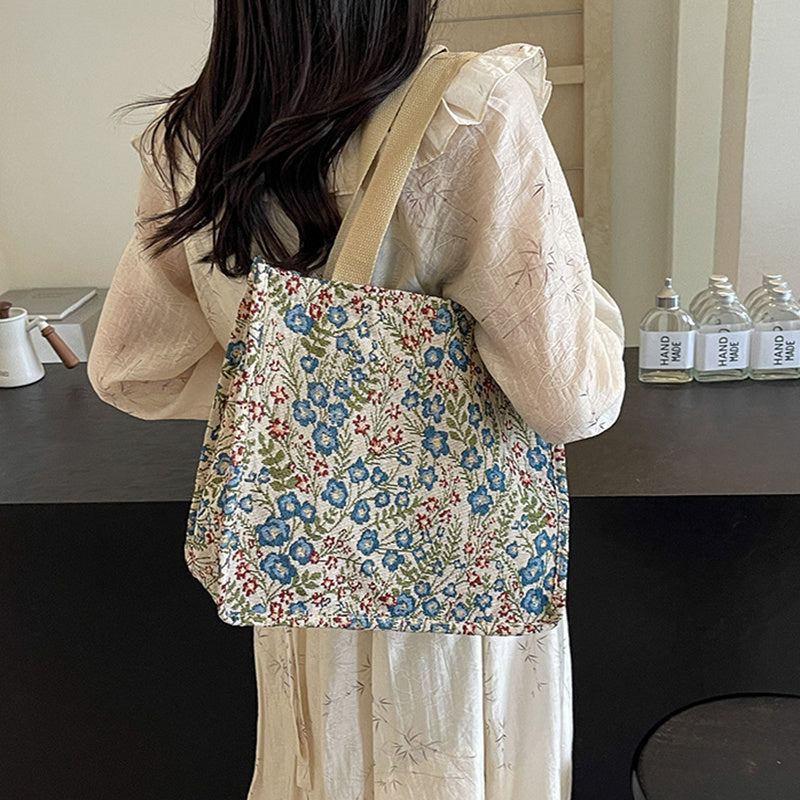 Floral Canvas Handbag - Large Capacity Shoulder Bag for Women