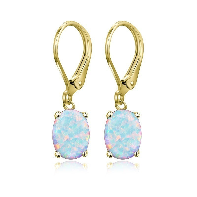 Elegant Oval Opal Drop Earrings - Four Claw Setting European Style