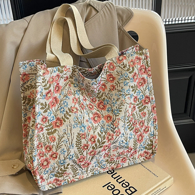 Floral Canvas Handbag - Large Capacity Shoulder Bag for Women