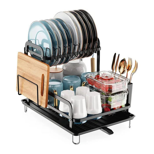 2-Tier Dish Drying Rack - Kitchen Counter Space Saving with Drainboard