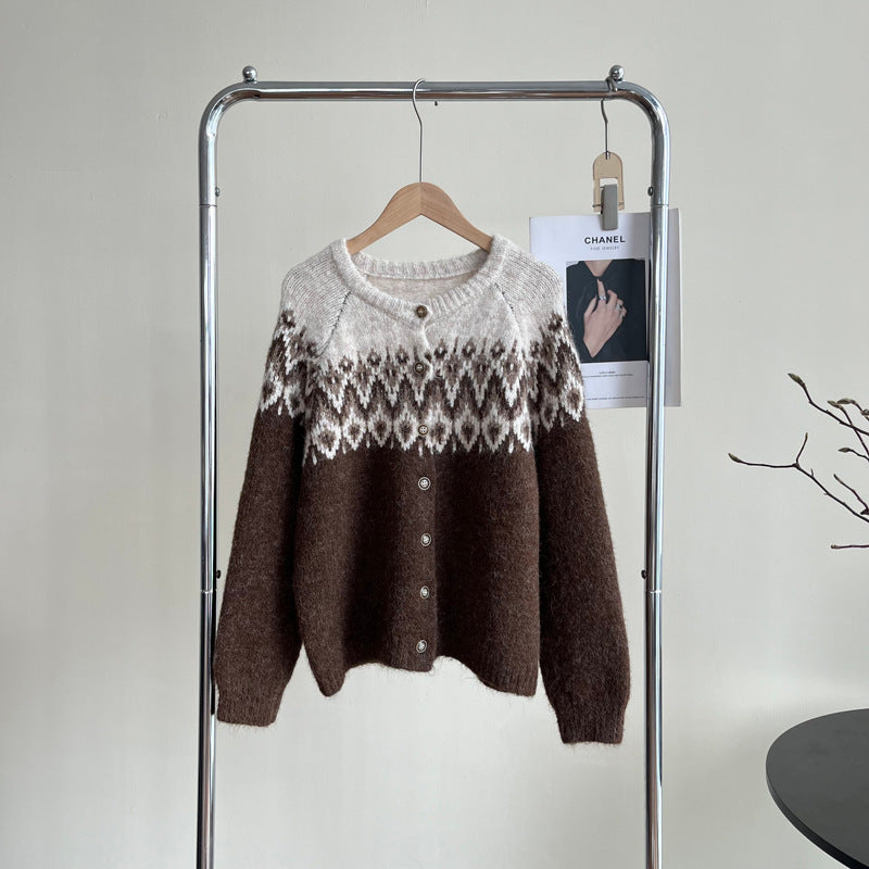 Contrast Color Jacquard Thickened Sweater Coat Women