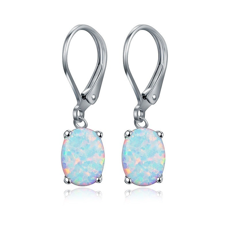 Elegant Oval Opal Drop Earrings - Four Claw Setting European Style
